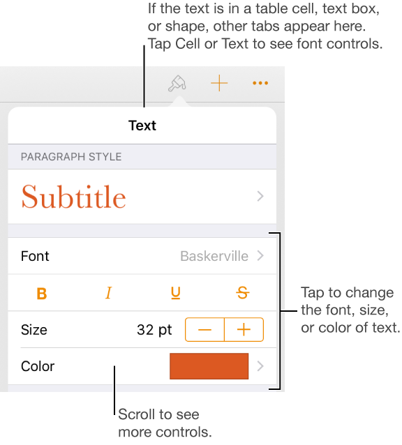 Text controls in the Format menu for setting paragraph and character styles, font, size, and color