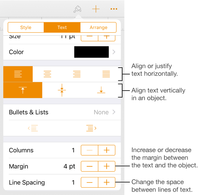 The Layout pane with callouts to the text alignment and spacing buttons
