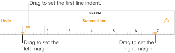 The ruler with callouts to the left margin marker, first line indent marker, and right margin marker