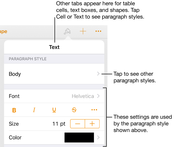 The Style pane of the Format menu showing controls for setting font, character style, alignment, and paragraph style
