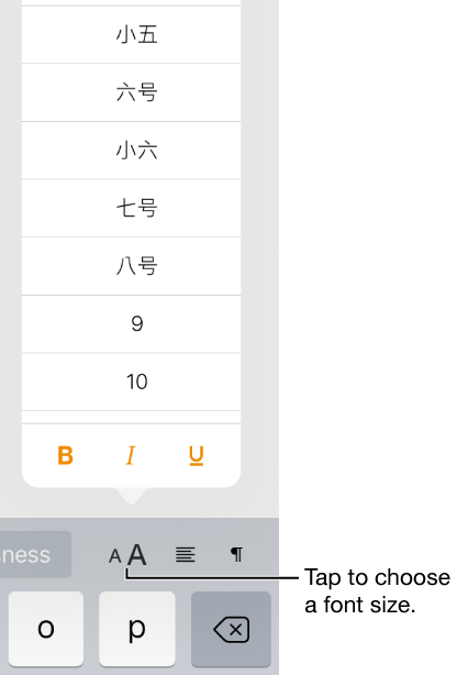 The Font size button on the right side of the iPad keyboard with the font size menu open. Chinese government font sizes appear at the top of the menu with point sizes below.