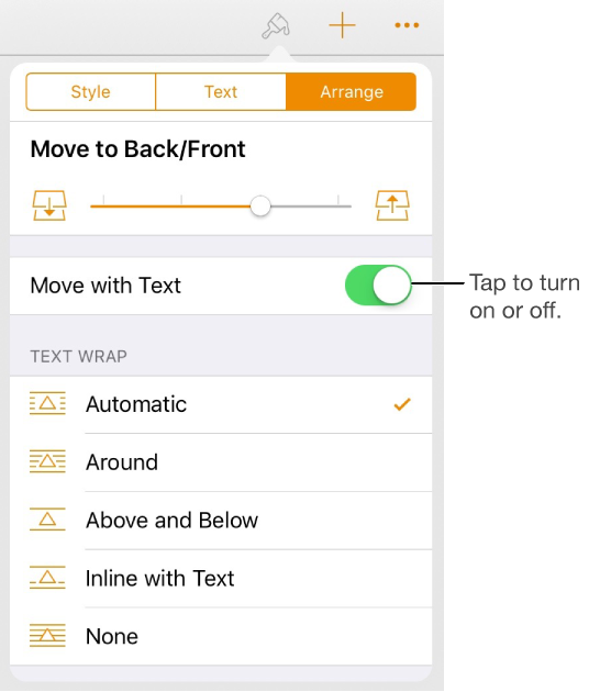 The Arrange controls with Move to Back/Front, Move with Text, and Text Wrap