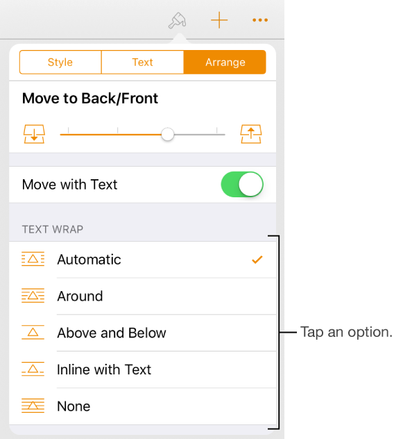 The Arrange controls with Move to Back/Front, Move with Text, and Text Wrap