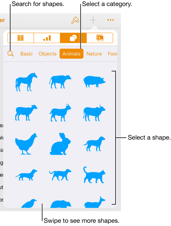 The shapes library, with categories at the top and shapes displayed below. You can use the search button at the top to find shapes and swipe to see more.