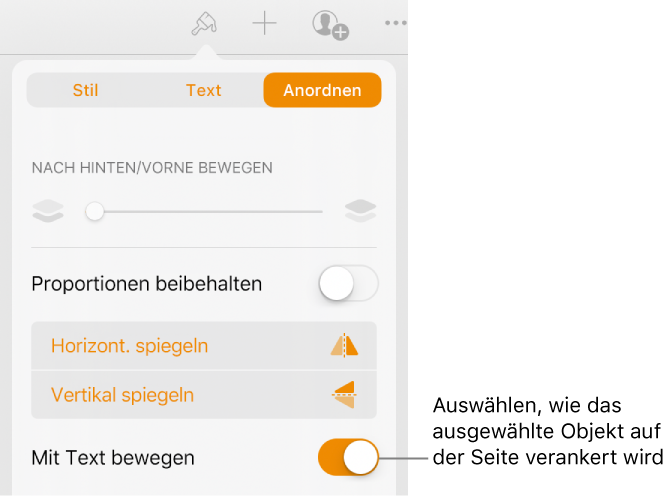 Die Steuerelemente zum Anordnen mit „Nach hinten/vorn bewegen“, „Mit Text bewegen“ und „Textumbruch“