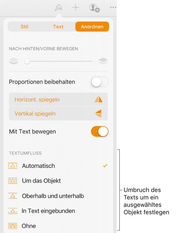 Die Steuerelemente zum Anordnen mit „Nach hinten/vorn bewegen“, „Mit Text bewegen“ und „Textumbruch“