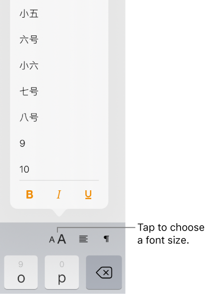 The Font size button on the right side of the iPad keyboard with the font size menu open. Chinese government standard font sizes appear at the top of the menu with point sizes below.