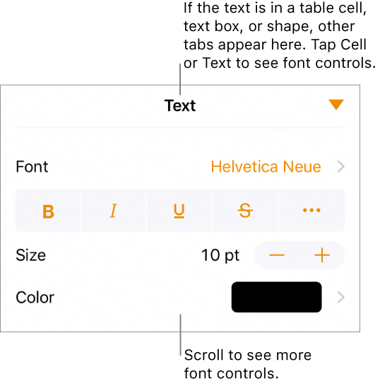 Text controls in the Format menu for setting paragraph and character styles, font, size, and color.