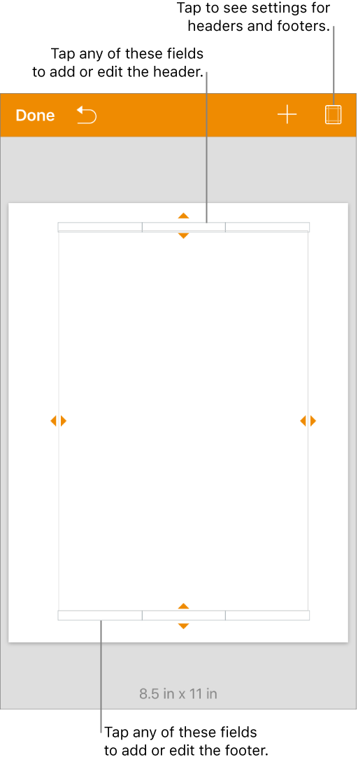Document setup view with three fields at the top and bottom of the document.