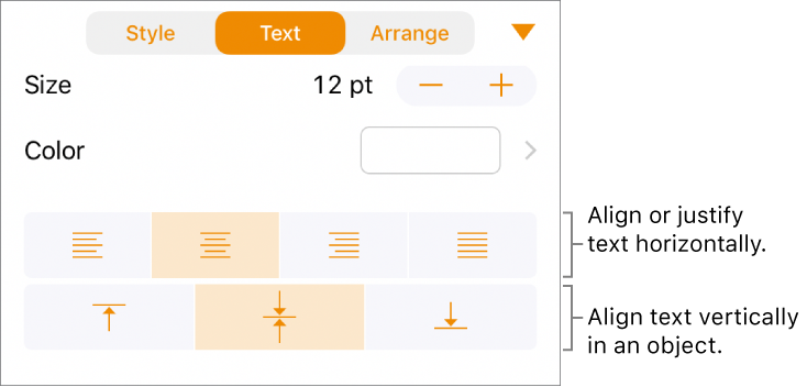 The Layout pane with callouts to the text alignment and spacing buttons.