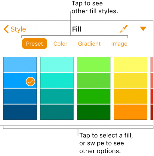Fill options in the Style pane of the Format button.