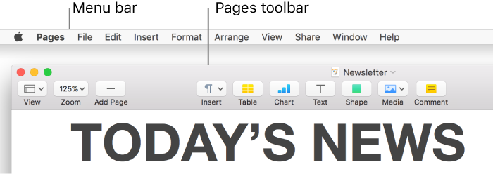 The menu bar at the top of the screen with Apple, Pages, File, Edit, Insert, Format, Arrange, View, Share, Window, and Help menus. Below it is an open Pages document with toolbar buttons across the top for View, Zoom, Add Page, Insert, Table, Chart, Text, Shape, Media, and Comment.