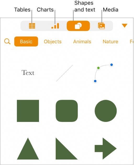 The Insert popover open with buttons for adding tables, charts, text, shapes, and media at the top.