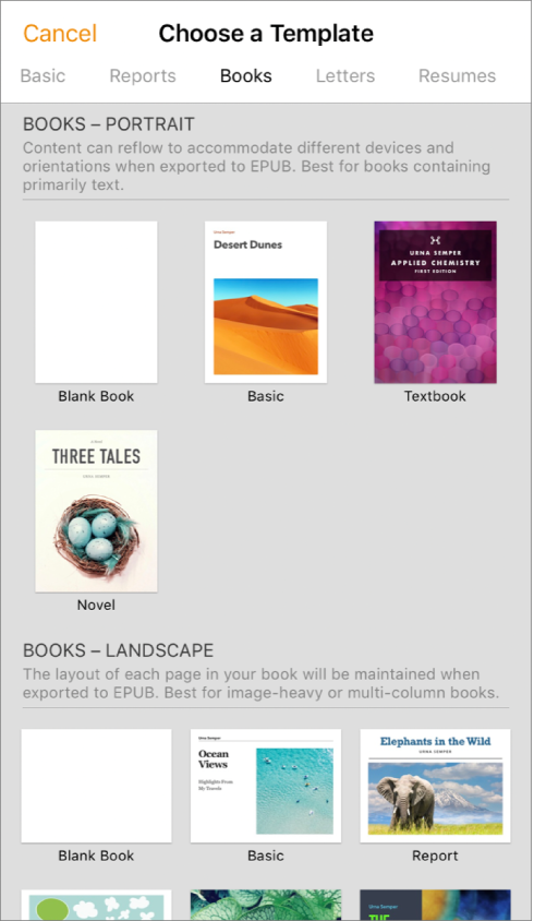 The template chooser with book templates in portrait orientation at the top and landscape orientation below.