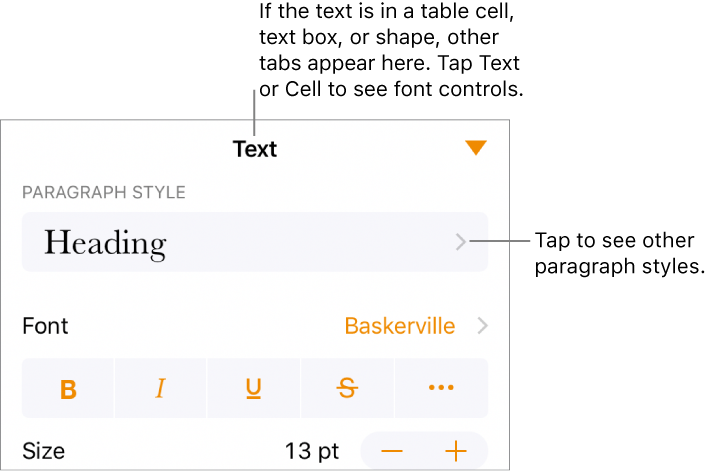 The Format menu showing text controls for setting paragraph and character styles, font, size, and color.