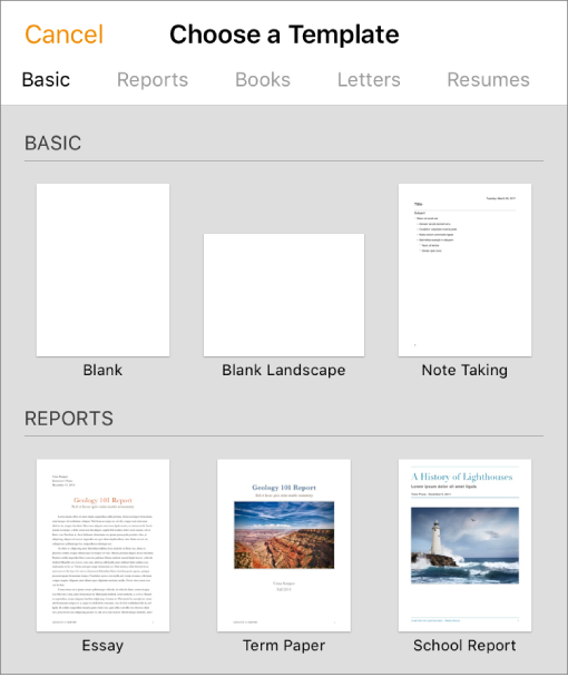 The template chooser, showing thumbnails of the templates. The Language and Region button is in the top-right corner.