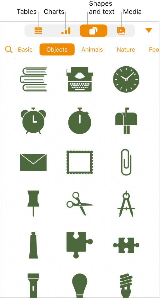 The controls for adding an object, with buttons at the top to choose tables, charts, and shapes (including lines and text boxes), and media.