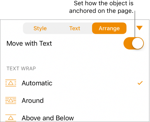 The Arrange controls with Move to Back/Front, Move with Text, and Text Wrap.