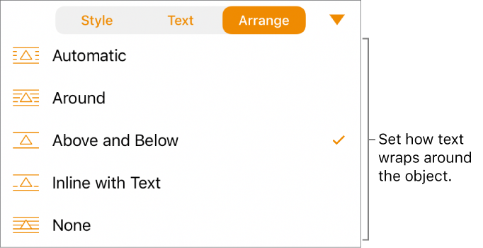 The Arrange controls with settings for Automatic, Around, Above and Below, Inline with Text, and None.