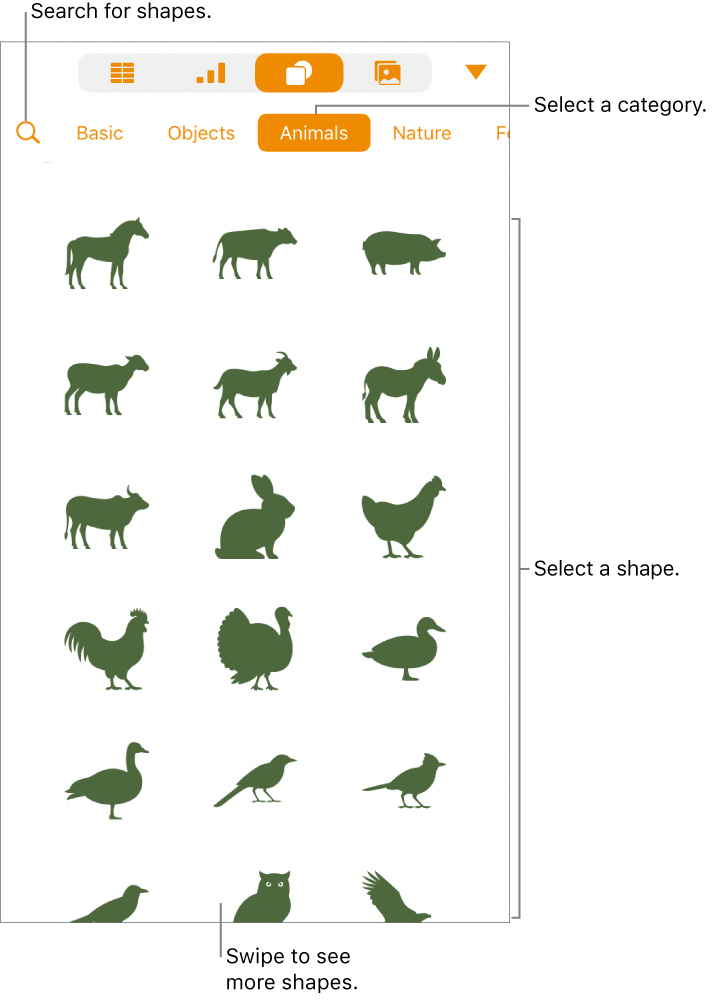The shapes library, with categories at the top and shapes displayed below. You can use the search button at the top to find shapes and swipe to see more.