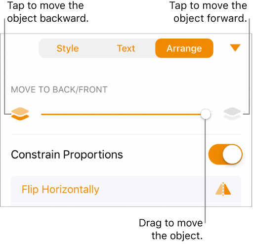 The Move Backward button, the Move Forward button, and the layering slider.