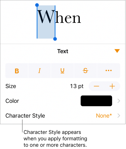 The Text formatting controls with Character Style below the Color controls. The character style None appears with an asterisk.