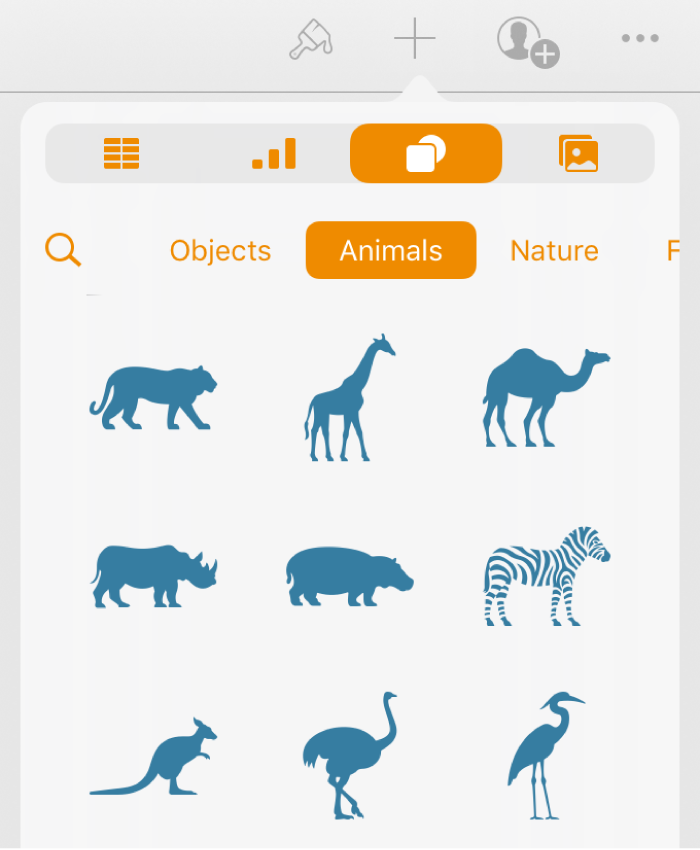 The Insert menu with buttons across the top to add tables, charts, shapes, and media. Shapes is selected and its menu shows a row of categories with a Search button on the left. The category Animals is selected and animal shapes appear below.