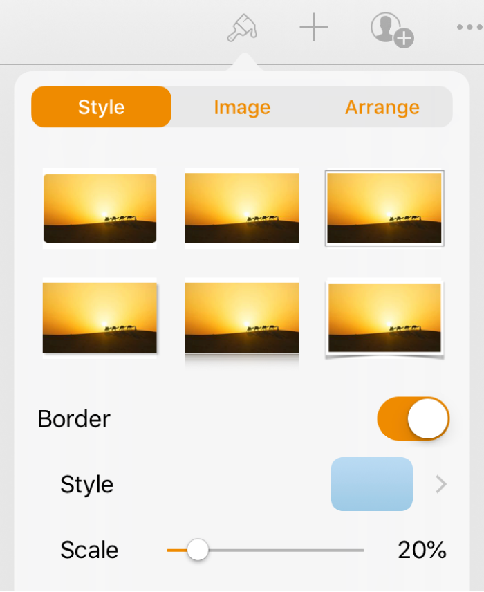 The Format controls for changing the size and appearance of the selected image. Style, Image, and Arrange buttons are across the top of the controls.