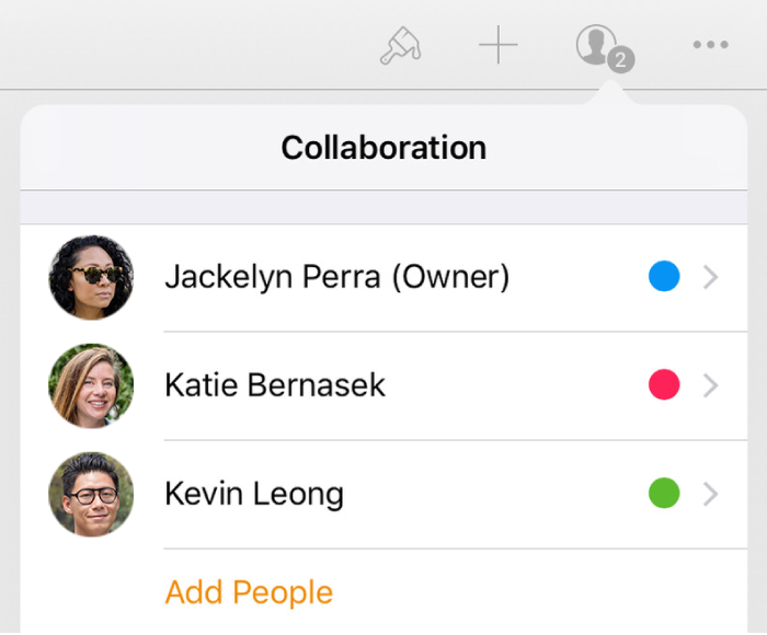 The Collaboration menu showing the names of people collaborating on the document.