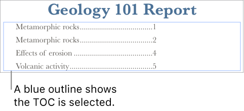 A table of contents inserted into a document. Entries show headings along with their page numbers.