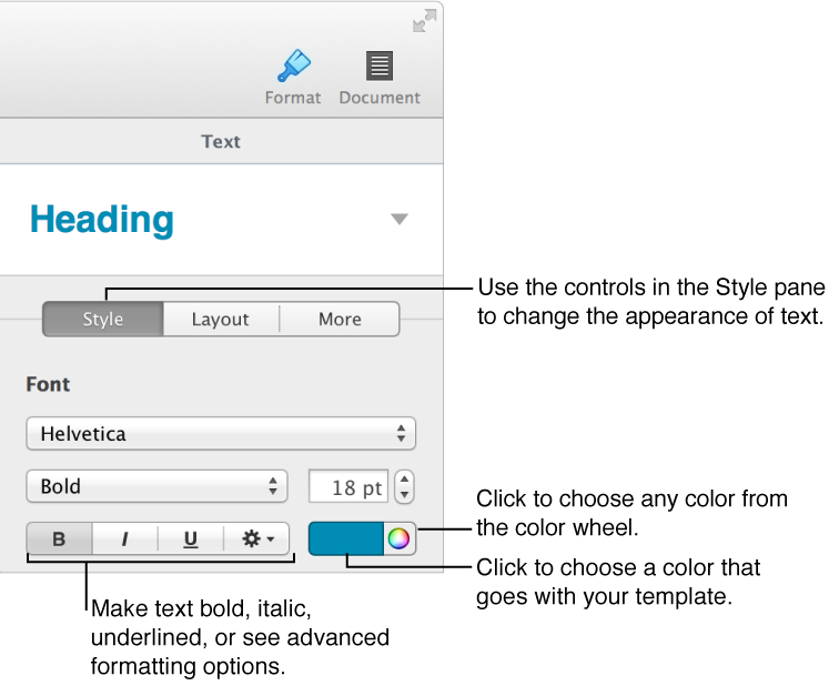 Format inspector with Style pane open, showing color controls and text formatting options.