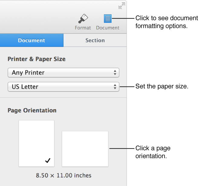 Controls for changing paper orientation