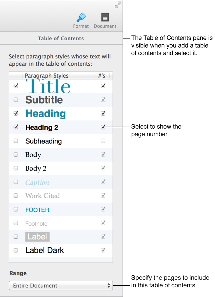Table of Contents pane