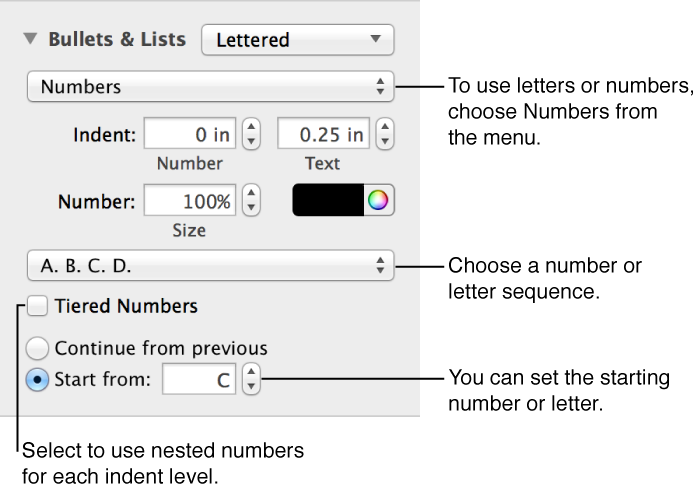 Controls to format numbers and letters in lists