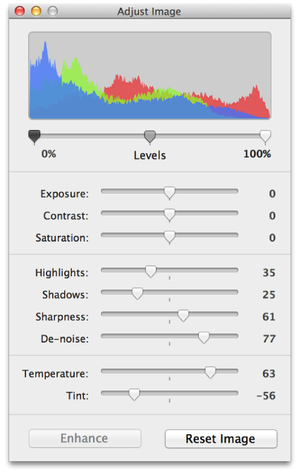 Adjust Image window showing histogram