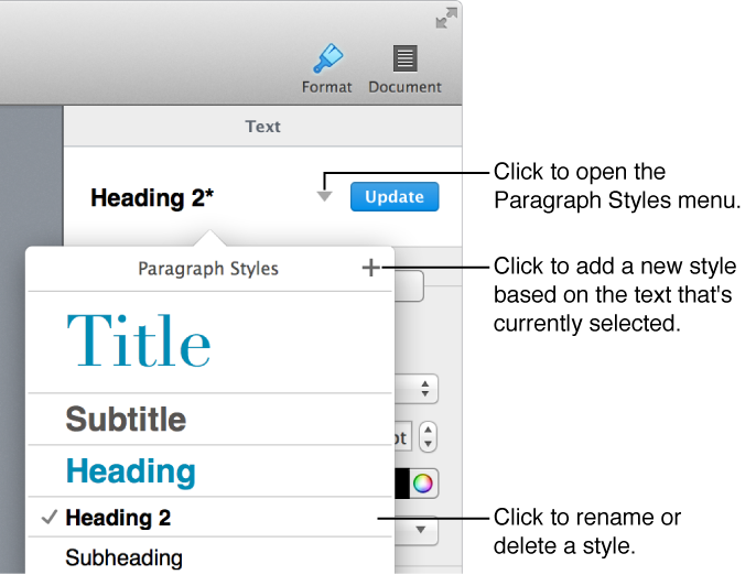 Paragraph Styles pop-up menu, showing controls to add or change a style.