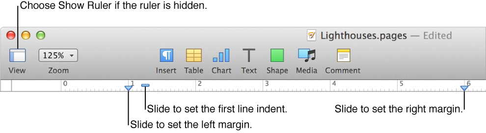 Ruler showing View button, left margin control, and first line indent control.