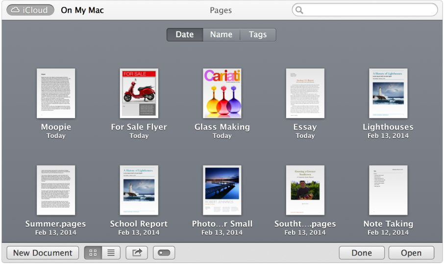 The Open window with Pages documents listed.
