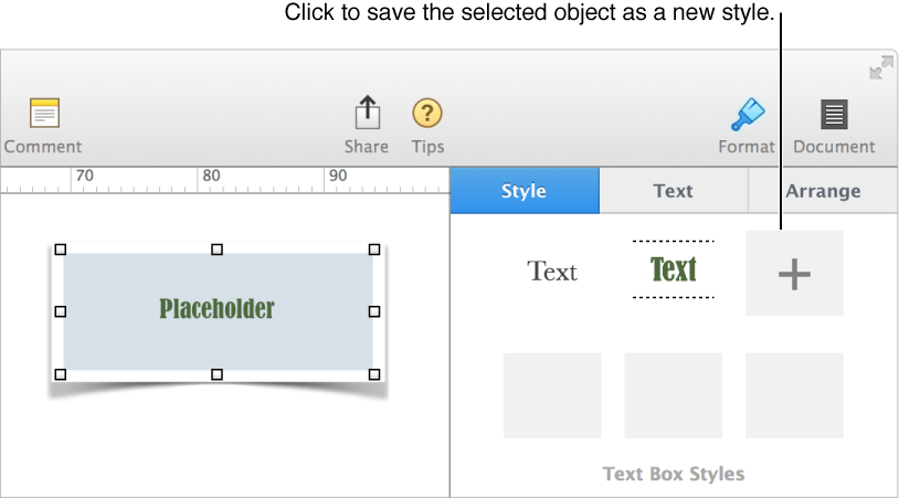 Text Box Styles list with the a text box selected and the add button visible