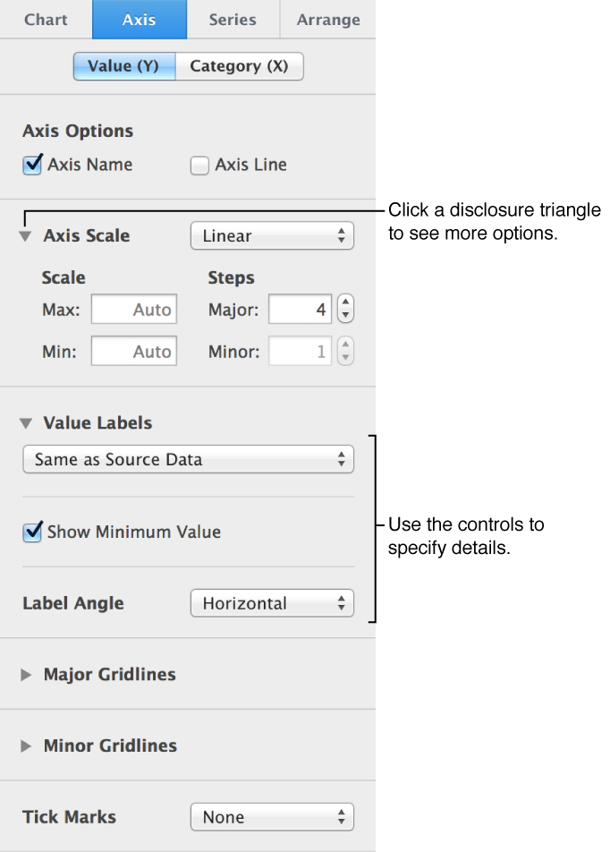 Controls for formatting chart axis markings