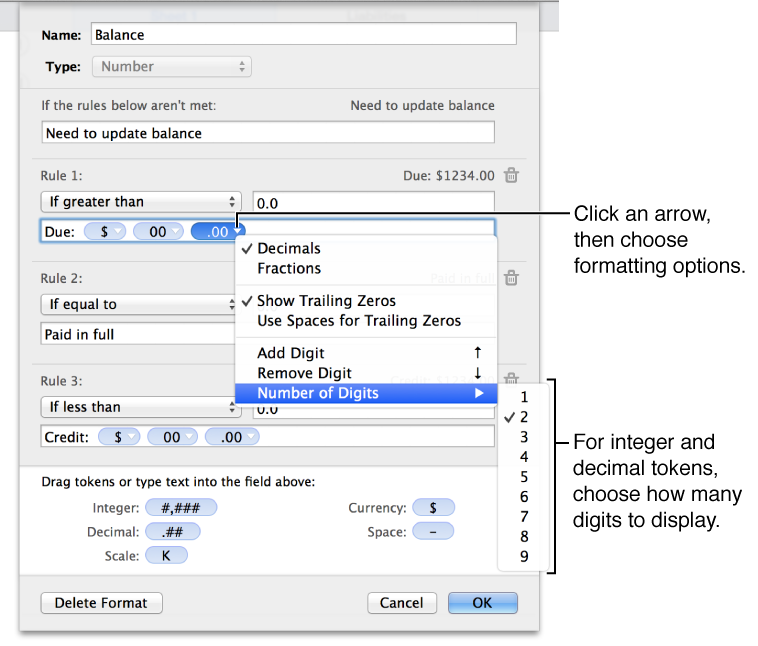Click a disclosure triangle on a token to choose formatting options.