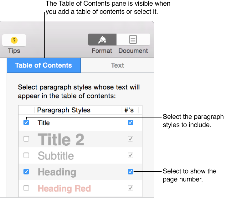 Table of Contents pane