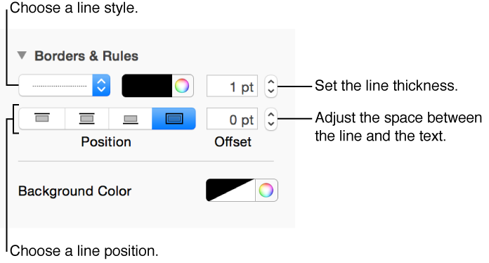 Controls to change the line style, thickness, position, and color