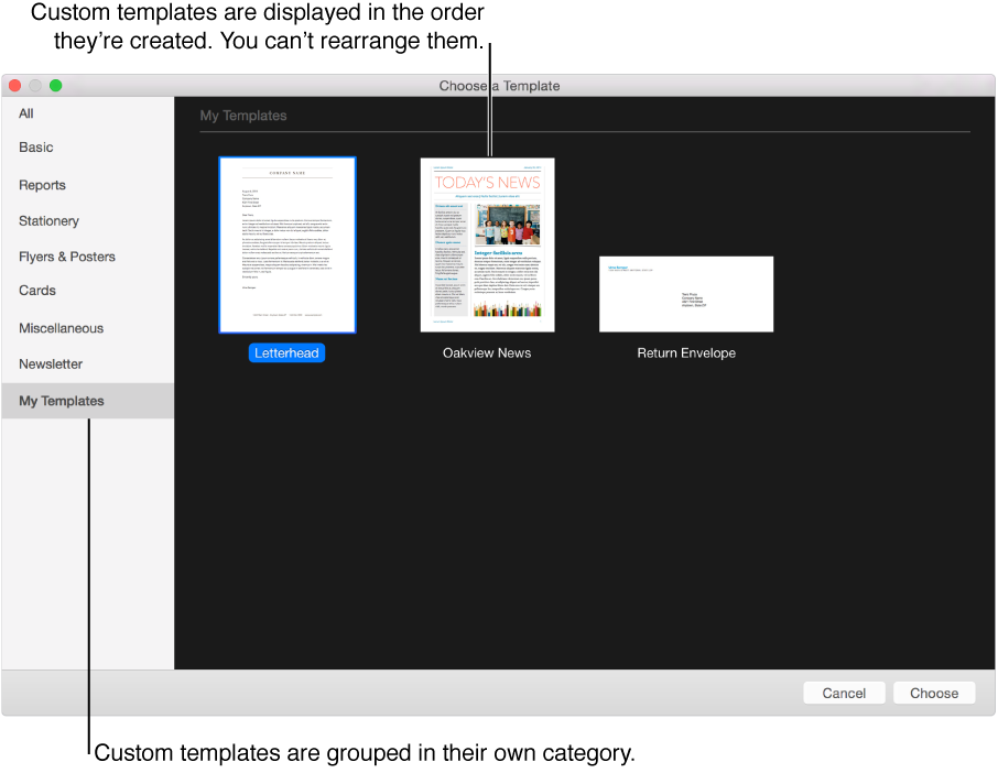 The template chooser with My Templates as a category on the left