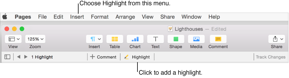Menu bar showing the Insert menu and below it, the Pages toolbar with review tools showing and callout to the Highlight button