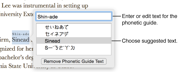 The phonetic guide open for a word, with callouts to the text field and suggested text