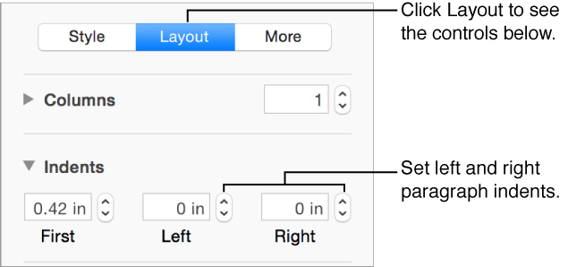 The Indents section with Layout button selected and callout to the Left and Right paragraph indent controls