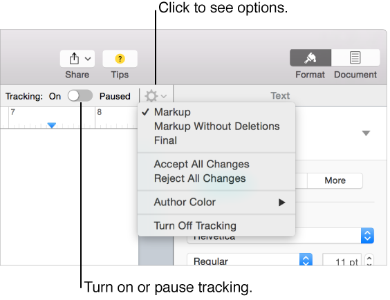 Tracking options menu showing Turn off Tracking at the bottom, and callouts to the Tracking On and Paused button