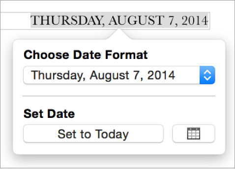 The Date & Time pop-up showing a pop-up menu for date format and a Set to Today button