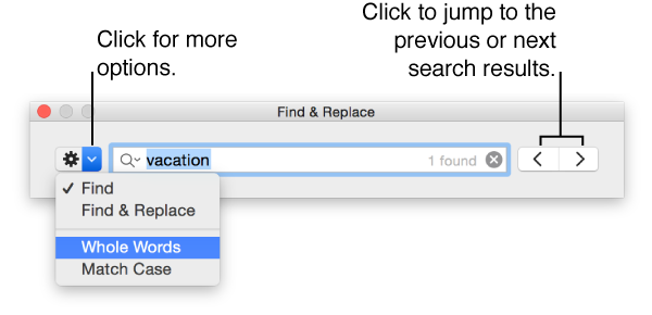 The Find & Replace window with callouts to the button to show options for Find, Find & Replace, Whole Words, and Match Case. Arrows on the right let you jump to the previous or next search results